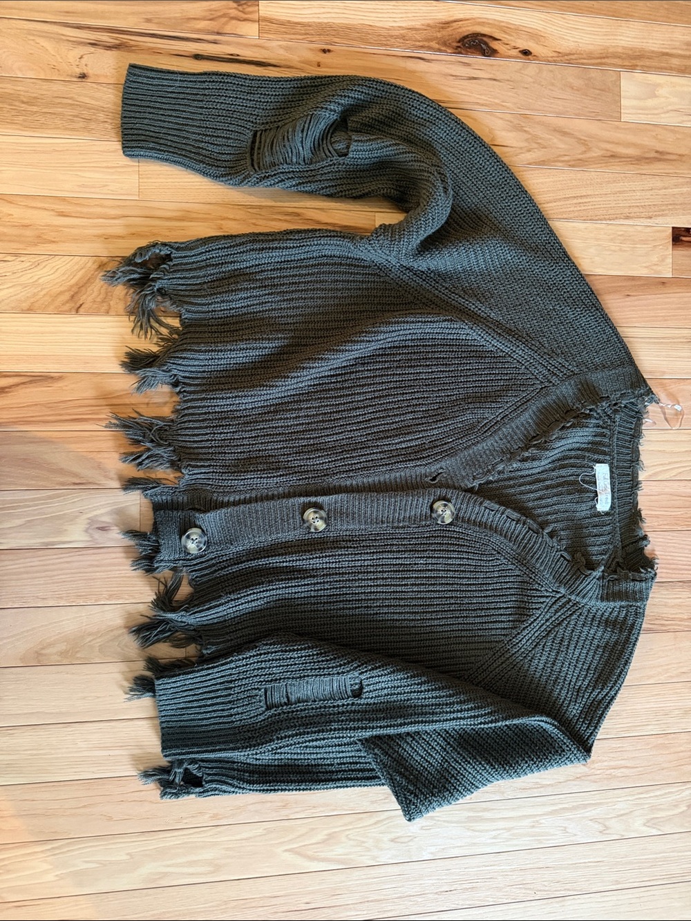 Distressed Olive Ribbed Button-Front Cardigan